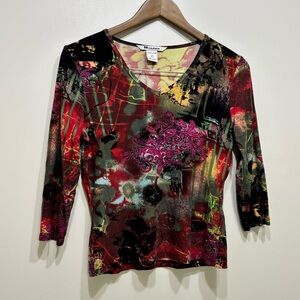 Nygard Collection Petites Vintage Colourful 3/4 Sleeve Shirt Top Black